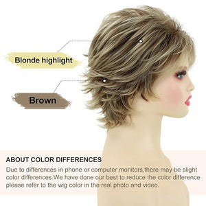 SEVENCOLORS Short Blonde Wigs for White Women Synthetic Hair Mixed Brown Wigs with Bangs Natural Layered Pixie Cut Wig for Women