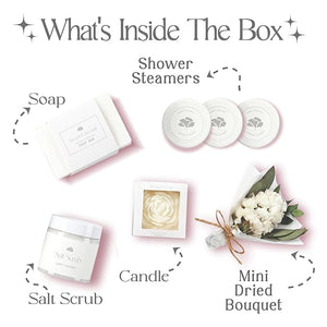 Sweet Coconut Small Spa Gift Set for Women ? Relaxation Gift Basket with Candle Soap Salt Scrub &amp Shower Steamers ? Unique Birthday Bridal Shower Christmads Thank You &amp Self Care Gifts