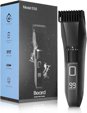 Men's Beard Trimmer 20 Length Adjustable IPX7 Waterproof Cordless Hair Clipper Stainless Steel T-Blade for Precision Facial Hair Trimming for Men LED Display(Black)