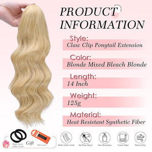 Claw Clip Ponytail Extension,14 Inch Blonde Curly Wavy Ponytail Claw Clip in Hair Extension for Women Fluffy Natural Looking Synthetic Hairpiece for Daily Use(14 Inch,Blonde Mixed Bleach Blonde)