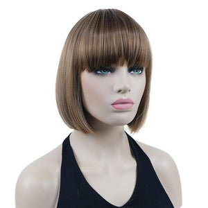 Lydell 8 Straight Short Bob Hair Flat Bangs Cute Central Dot Skin Top Heat Resistant Synthetic Wigs (V6 Light Reddish Brown with Blonde Highlight)