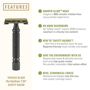 VIKINGS BLADE Double Edge Safety Razor for Men + 5 Swedish Steel Blades + Luxury Case. Smooth Reusable Recyclable (Chieftain ¡°5 BC¡±)