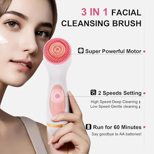 Facial Cleansing Brush, 3 in 1 Electric Face Scrubber with 3 Brush Heads for Women/Men, Waterproof Rechargeable Face Cleansing Brush for Dry Oily Sensitive Skin (Pink)