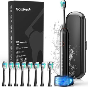 Electric Toothbrush Sonic Type for Adults &amp Teens 8 Brush Heads Travel Case 6 Modes 40000 VPM Electric Motor IPX7 Waterproof 2 Minutes Timer Wireless Charging One Charge for 100 Days£¨Blac