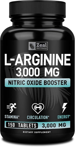 Zeal Naturals L Arginine 3000mg Capsules (150 Tablets | 1000mg) Maximum Dose L-Arginine Nitric Oxide Supplement for Supporting Muscle Growth, Vascular Function and Energy - Nitric Oxide Booster