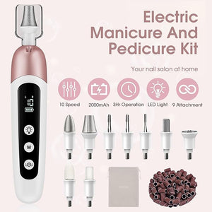 Cordless Electric Nail File Set Professional Manicure Pedicure Kit with Memory Modes 10 Speed Portable Nail Drill Machine Pedicure Tools for feet Hand Foot Care Tool for Thick Nail Toenail Cuticle