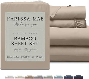 KARISSA MAE Cooling Bamboo Viscose Queen Sheet Set | 100% Organically Grown | 18¡± Deep Pocket | Silky Soft &amp Hypoallergenic | with Organizer Band &amp Elastic Corner Straps [Dune]