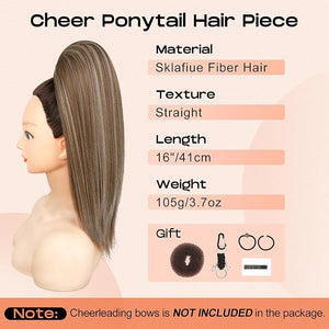 SEIKEA Cheer Ponytail Hair Piece, 16" Straight Cheerleader Hairpiece Ponytail Extension for Cheerleader Competition, Dance, White Blonde with Ash Brown Highlights