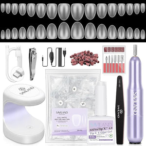 SAVILAND Advanced Gel Nail Kit Almond: 15 Sizes Extra Short Almond Nail Tips with Nail Drill &amp U V Lamp 500 Pcs Salon Grade Full Matte Nail Tips 30-Day Long Lasting Home DIY Beginner