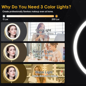 Lighted Makeup Mirror, 3000 mAh Rechargeable Double Sided Magnifying Vanity Mirror with 3 Colors, 1x/10x, 360¡Æ Rotation , Brightness Adjustable Magnification Cosmetic Light up Mirror, Women Gift