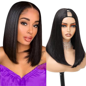 V Part Wig Human Hair Bob Wig 8inch Brazilian Remy Hair Short Bob Wig Human Hair Glueless Wig Upart Bob Wigs For Black Women Upgrade U Part Wig No Sew in No Glue Natural Black Color