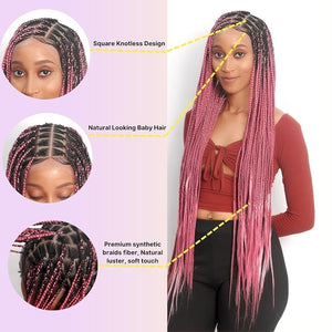 Wow Braids Box Braid Wig - Knotless Braided Wigs for Black women with 360 glueless Full Swiss Lace Cap &amp Human Baby Hair Frontal Synthetic Long Neat African Handmade Braiding - 36 inch/Pink