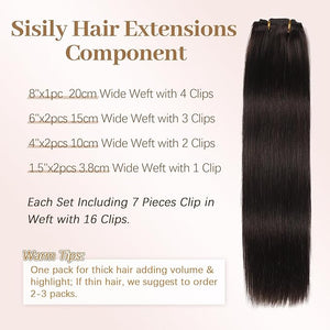 Sisily Clip in Hair Extensions Real Human Hair, Premium Human Hair Clip in Extensions Dark Brown, Soft Straight Hair Extensions Real Human Hair Clip ins 7PCS Double Weft£¨18 Inch #2£©