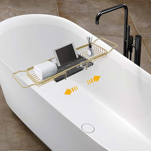 Bathtub Tray Caddy for Luxury Bath, Stainless Steel 26.8-35.4 in Expandable Extra Wide Bath Tub Tray with Natural Marble and Mobile/Tablet Stand, Ideal for Home Spa Lovers (Gold + Black)