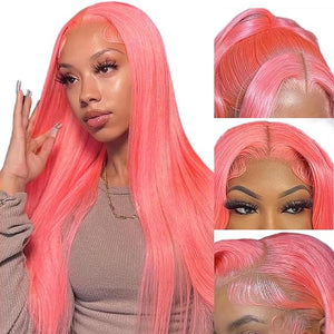 PANDA ANGEL Pink Wig Human Hair Straight Full Lace Frontal Wig 13x4 Bigger Hd Transparent Lace Glueless Human Hair Wigs Pre Plucked Pink Human Hair Wigs for Women 32 Inch