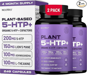 Nootrix Organic Plant 5 HTP+ Supplement | Supports Memory Mental Focus Cognitive Health &amp Energy | Promotes Healthy Mood &amp Brain Function | Vitamin B6 &amp L Theanine | 240 Capsules