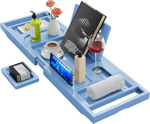 Yirilan Foldable Bamboo Bathtub Tray Caddy Bathtub Tray Blue