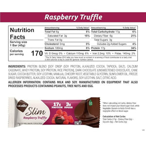 NuGo Slim Dark Chocolate Raspberry Truffle 17g Protein 2g Sugar 7g Fiber Low Net Carb Keto Friendly Gluten Free 12 Count