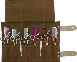 VOCOSTE Roll Up Scissors Bag Durable &amp Foldable Salons Tool Pouch with Multi-Pockets Hair Scissor Shears Cases for Hair Stylists Brown