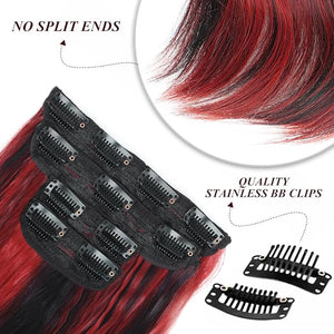 Vigorous Clip in Hair Extensions 24Inch Black with Red Highlights Hair Extension Clip Ins 4Pcs Long Wavy Soft Synthetic Hairpieces for Women Girls Daily Use Event Party Use