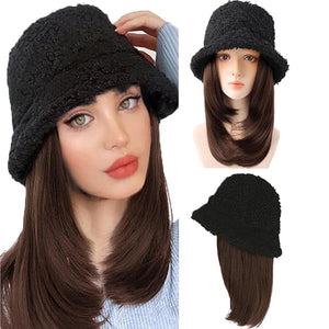 Women's Winter Lambs Wool Bucket Hat with Fisherman's Cap Sun Visor and Straight Hair Wig