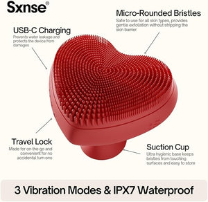 Heart Face Clean Pro? Electric Facial Cleansing Brush - Silicone Facial Scrubber for Acne - IPX7 Waterproof, Rechargeable Exfoliator with Slip-Free Grip &amp; 3 Speed Settings - Phthalate-Free - Cherr