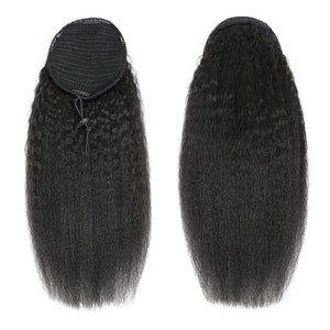 Yaki Straight Curly Human Hair Drawstring Ponytail Extension for Black Women Natrual Black Clip on Afro Kinky Straight Hair Cheap and full Pieces 115g/set (24")