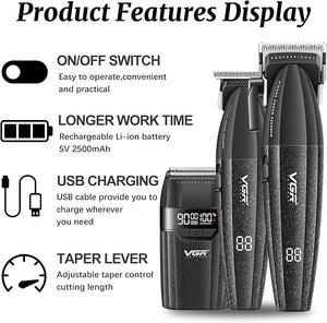 VGR 640S3 Professional 3 in 1 Hair Cutting Kit, 9000RPM Hair Clippers for Men Professional Hair Trimmer &amp; Foil Shavers Set, Cordless Mens Barber Combo for Home, for Him(Black)