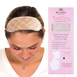 MILANO COLLECTION Glueless Top Grip for Hair Topper &amp Wiglets Adjustable Translucent Strap with Side Openings Top Headband for Your Wig or Topper Includes Clips Beige Medium