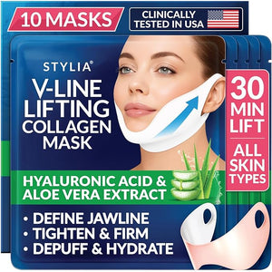 STYLIA V Line Lifting Collagen Mask - Lift Firm &amp Contour Jawline - Tightening Double Chin Strap with Hyaluronic Acid &amp Aloe - Neck Lift &amp Face Tightening Mask - Jawline Shaper Face Lift