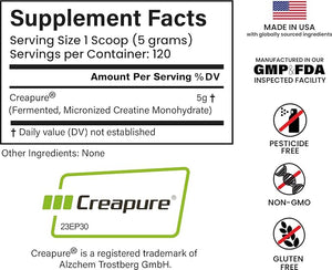 Creapure Creatine Monohydrate 600grams (120 Servings) Unflavored, Non-GMO, Vegan Fermented, Third-Party Lab Tested. Made with Halal and Kosher Certified Ingredients.