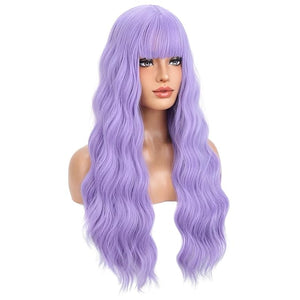 BERON Light Purple Long Wigs Women Purple Curly Wavy Wig with Bangs for Girls Heat Resistant Synthetic Wig for Cosplay Costume Party or Daily