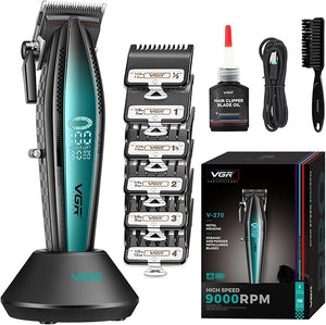 VGR 270 Hair Clippers for Men Professional Low Noise Cordless High Speed 9000 RPM Fresh Fade Ceramic Blade Barber Clippers Hair Cutting Kit with 6 Guide Combs USB Charging Base LED Display