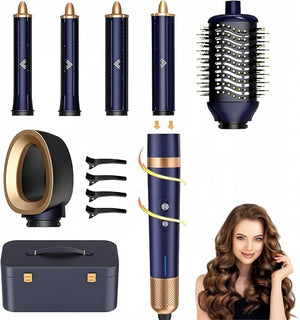 T-GOGO Hair Dryer Brush Professional: 6 in 1 Hot Air Hair Styler &amp Dryer Set Powerful Hair Air Curling Iron High-Speed Negative Ionic Blow Dryer Auto-Wrap No Heat Damage (Dark Blue)