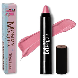 Mommy Makeup Triple Sticks Lipstick, Cream Blush &amp; Treatment All-In-One with Shea &amp; Cocoa Butter - Soft &amp; Creamy Moisturizing Lip Crayon For Lips &amp; Cheeks (Pink Daisy)