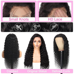 32 Inch Deep Wave Lace Front Wigs Human Hair 180 Density Curly Human Hair Wig 13x6 HD Lace Frontal Curly Wig Pre Plucked, Real Human Hair No Synthetic Blend No Tangle No Shedding Triple Lifespan 3X