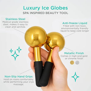 Stainless Steel Ice Globes for Facials (Gold Black Handle), Durable Cryo Globes Instantly Reduce Puffiness, Tighten Pores &amp; Sinus Relief, Face Globes Facial Massages &amp; Daily Beauty Routine