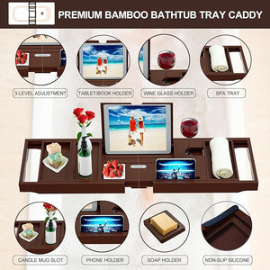 Premium Bamboo Bathtub Caddy Tray - Bath Tray - Bath Tub Tray Table for Bathtub - Expandable Size Fits Most Bath Tubs - Brown