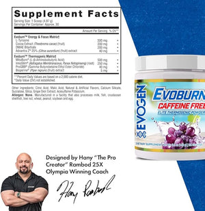 Evogen Evoburn Caffeine Free- Thermogenic Fat Burner for Men &amp Women | Energy &amp Focus | Advanced Metabolism Booster Fat Burner Formula with MitoBurn &amp Caffeine | Grape Blast | 30 Servings