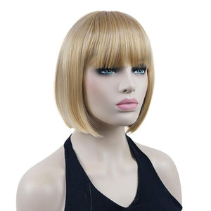 Lydell 8" Straight Short Bob Hair Flat Bangs Cute Central Dot Skin Top Heat Resistant Synthetic Wigs (24B Light Butterscotch)