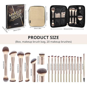 MAANGE 20 PCS Makeup Brush Set with Bag Double-ended Kabuki Brush Foundation Contour Brush for Liquid Powder Concealer Eye Shadows Cream Cosmetics Blending Blush Face Makeup Tools with Case (Gold)