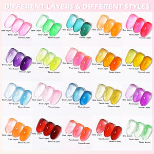 Jelly Gel Polish, 20 Colors Trendy Neon Jelly Gel Nail Polish Kit Glossy Crystal Transparent Gel Polish Nude Pink Purple Green Blue Yellow Red Colors Nail Polish Set Soak Off UV LED
