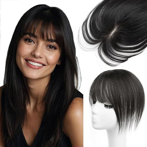 Hair Topper for Women with Bangs 100% Real Remy Hair Topper for Women Clip In Hairpiece for Thinning Hairpiece for White HairRoots Cover(8inch Natrual Black)