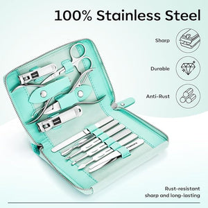 FAMILIFE Manicure Kit for Women Professional Manicure Set Nail Clippers Set 11 in 1 Stainless Steel Pedicure Tools Nail Kit Men Grooming Tool with Portable Green Travel Case for Home Travel