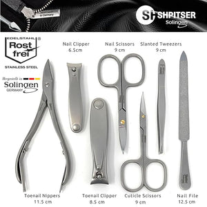 SHPITSER Professional 7pc TopInox Surgical Stainless Steel Tools Manicure Pedicure Set in Genuine Durable Leather Case Handmade in Solingen Germany for Nail and Cuticle Care