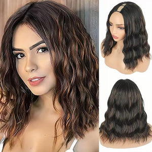 KRSI Highlight Brown Bob V Part Wigs Short Half Bob Wig for Black Women 16inch Synthetic U Part Wigs Thin Leave Out Full Head Clip in Hair Replacement