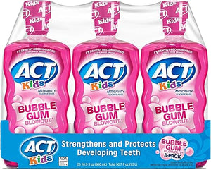 ACT Anticavity Kids Flouride Rinse Bubble Gum Blowout Flavor 18 Ounce Bottles (Pack of 3)