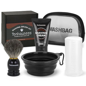 Travel Shaving Brushes Kit For Men 5 In 1 Shaving Brush Set With Badger Hair Shave Brush Shaving Brush Travel Case Shaving Cream Foldable Shaving Bowl and Washbag For Trip Holiday