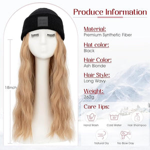 S-noilite Beanie Wig Hair Extensions,18 Inch Long Wavy Hair Extensions with Knitted Hat Hairpieces for Women Winter Ash Blonde