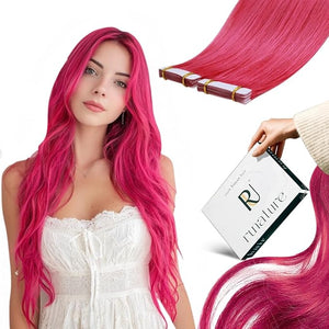RUNATURE Pink Tape in Hair Extensions Human Hair Hot Pink Hair Extensions Tape ins Human Hair Colored Pink Tape in Extensions Straight Soft Remy Hair for Kids Party 12 Inch 20g 10pcs